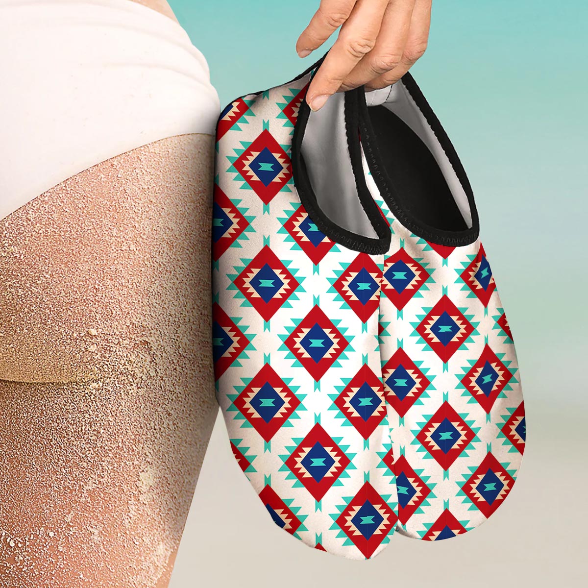 Southwestern Teal And Red Print Pattern Water Shoes-grizzshop