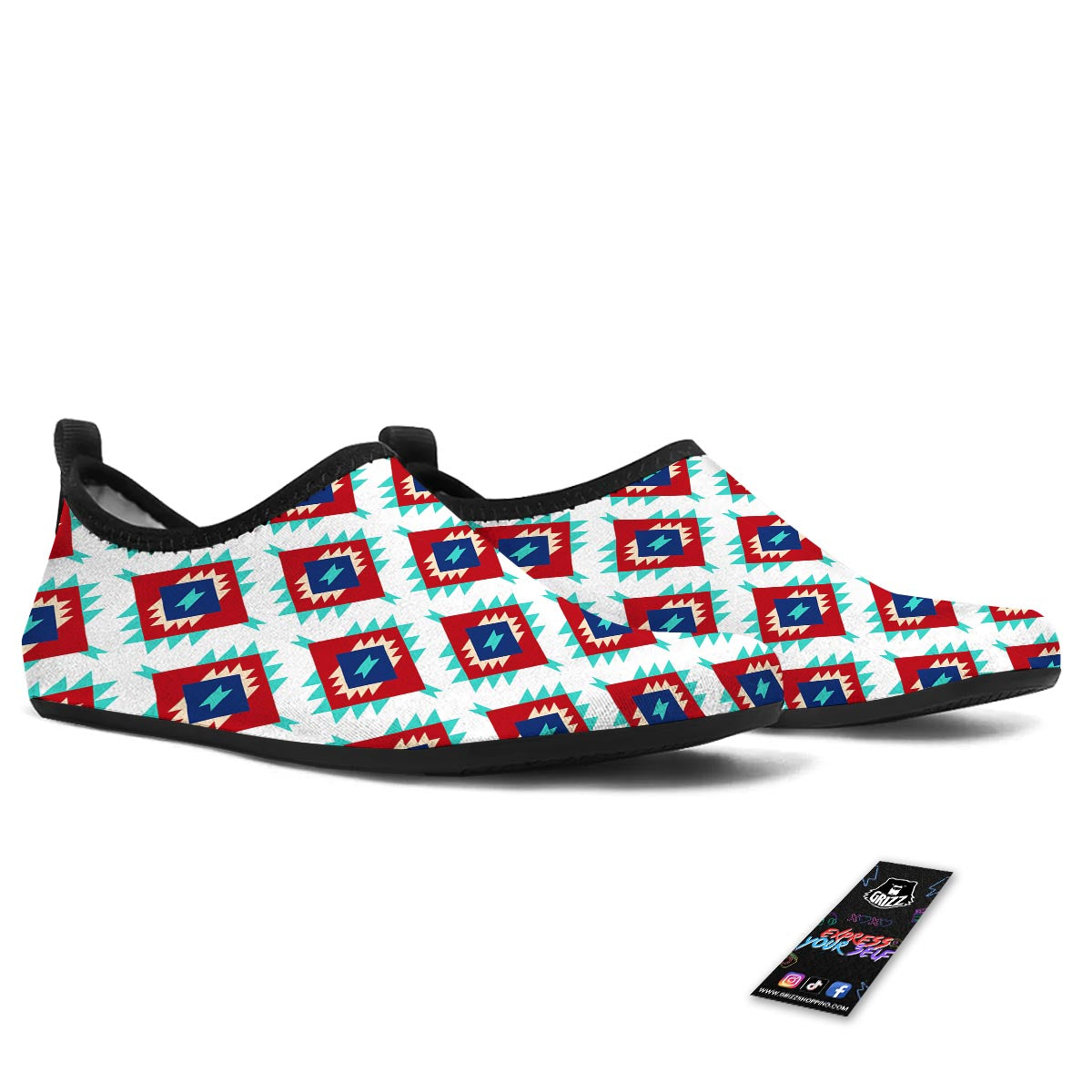 Southwestern Teal And Red Print Pattern Water Shoes-grizzshop