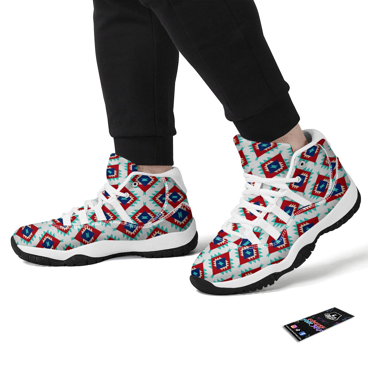 Southwestern Teal And Red Print Pattern White Bball Shoes-grizzshop