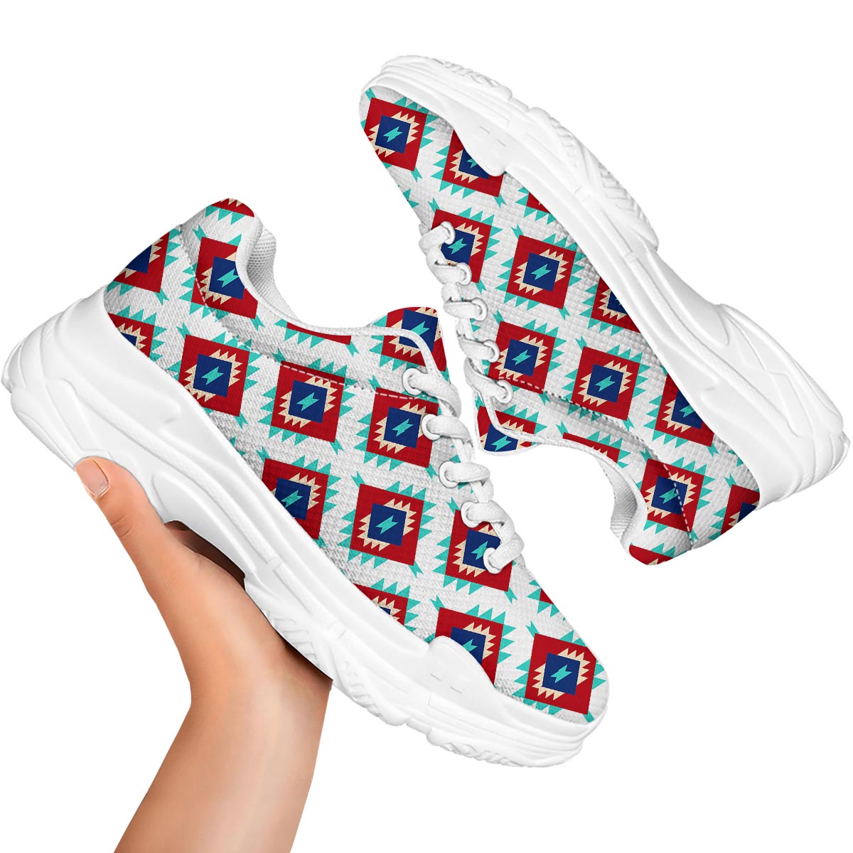 Southwestern Teal And Red Print Pattern White Chunky Shoes-grizzshop