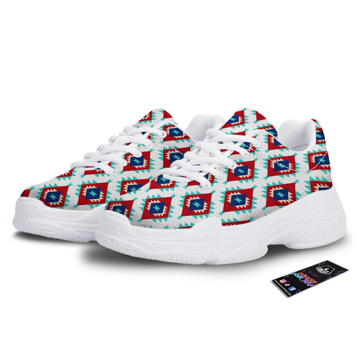 Southwestern Teal And Red Print Pattern White Chunky Shoes-grizzshop