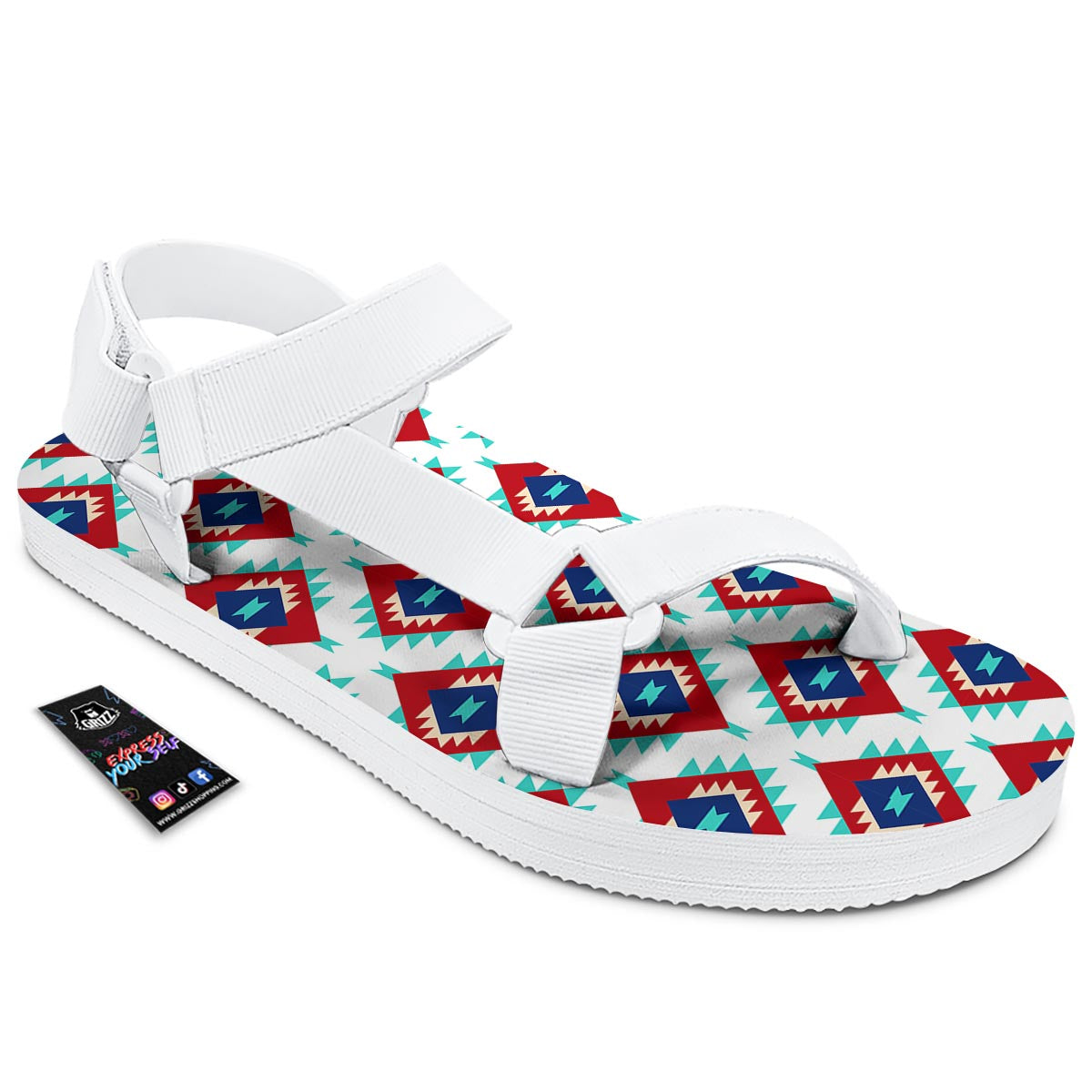 Southwestern Teal And Red Print Pattern White Open Toe Sandals-grizzshop