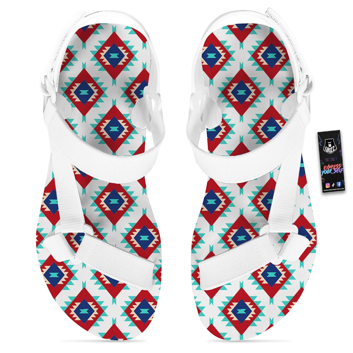 Southwestern Teal And Red Print Pattern White Open Toe Sandals-grizzshop