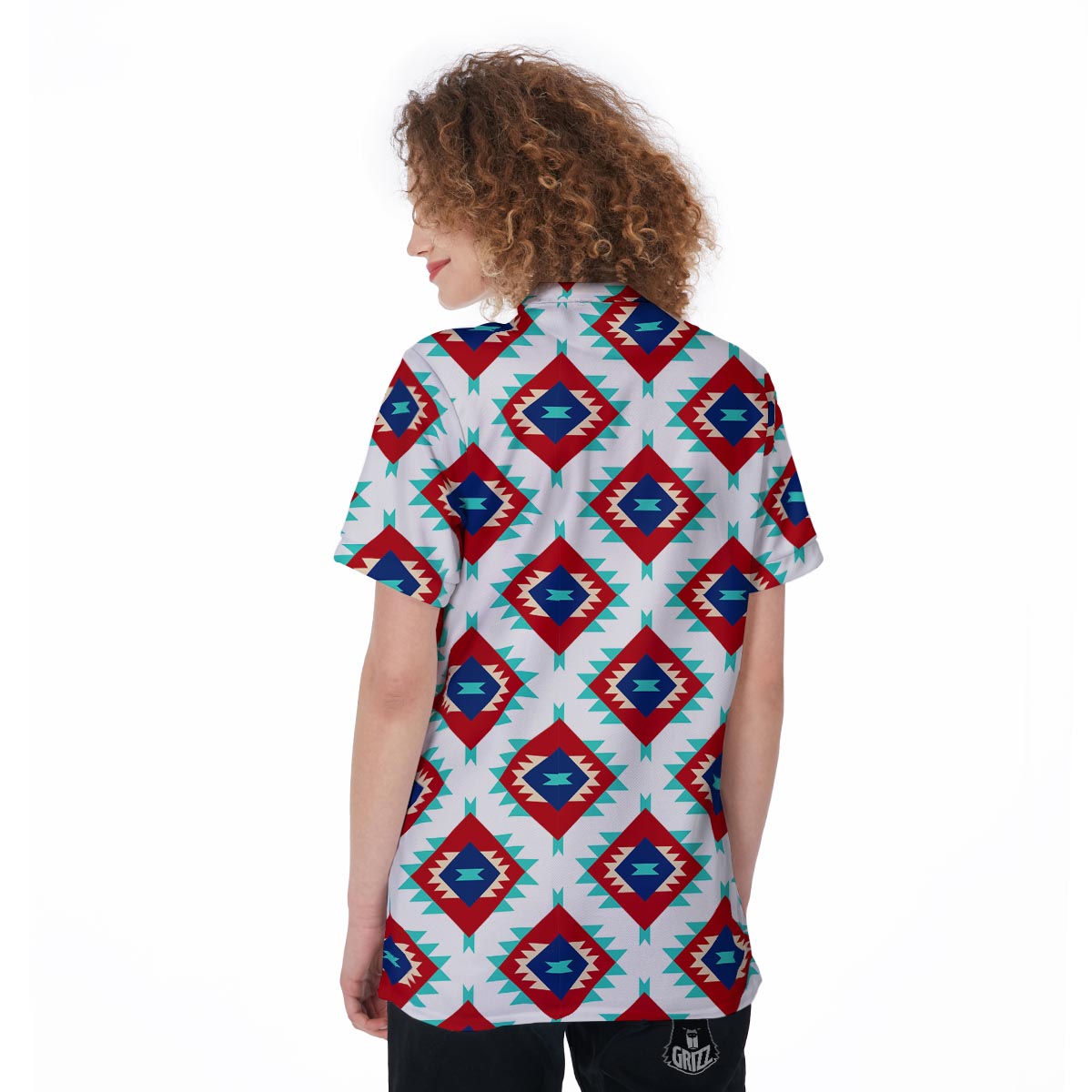 Southwestern Teal And Red Print Pattern Women's Golf Shirts-grizzshop