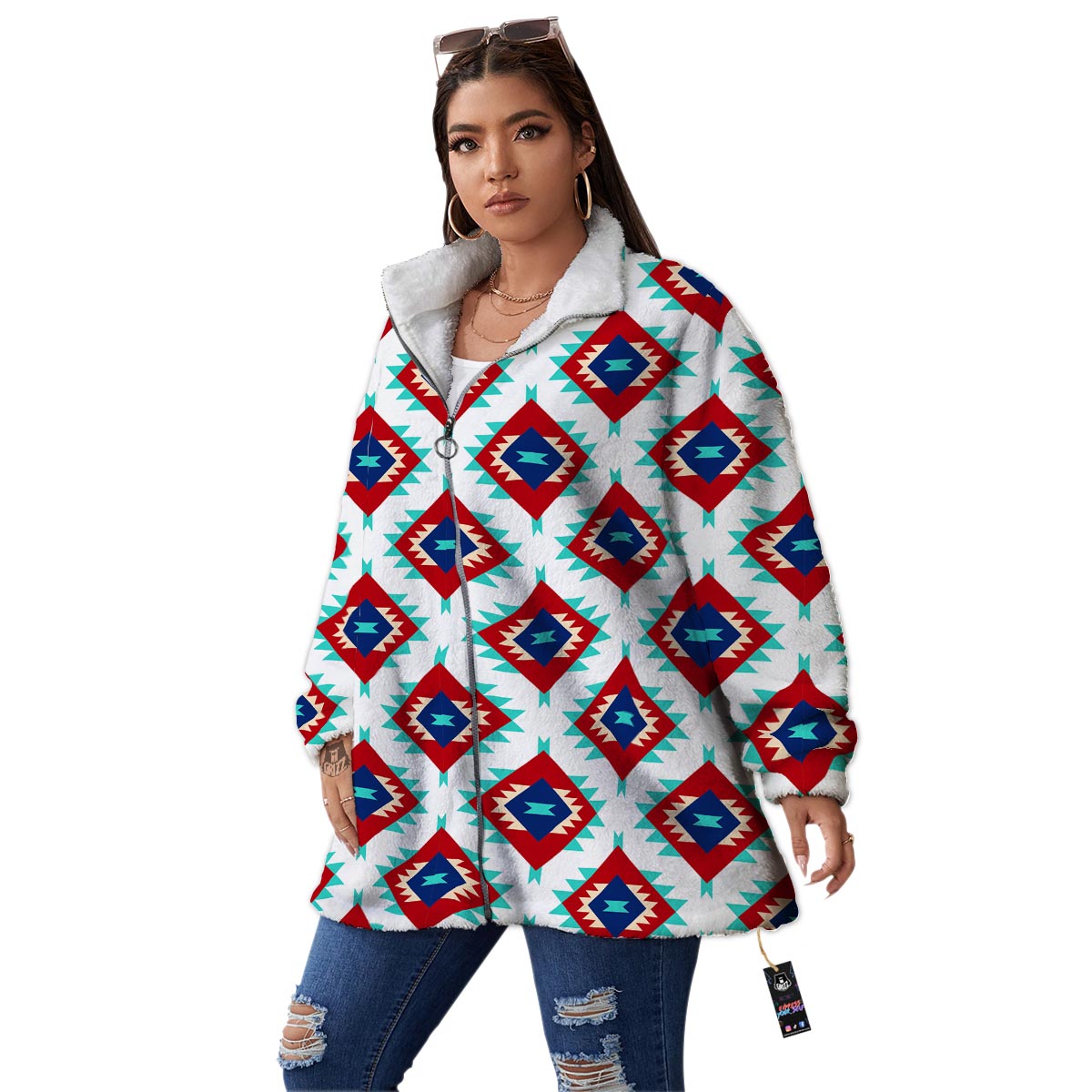 Southwestern Teal And Red Print Pattern Women's Sherpa Jacket-grizzshop
