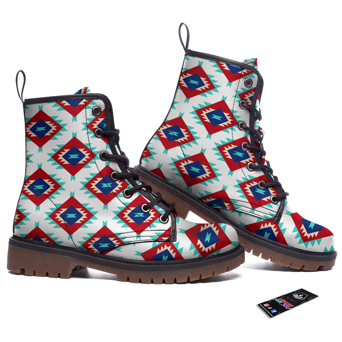 Southwestern Teal And Red Print Pattern Work Boots-grizzshop