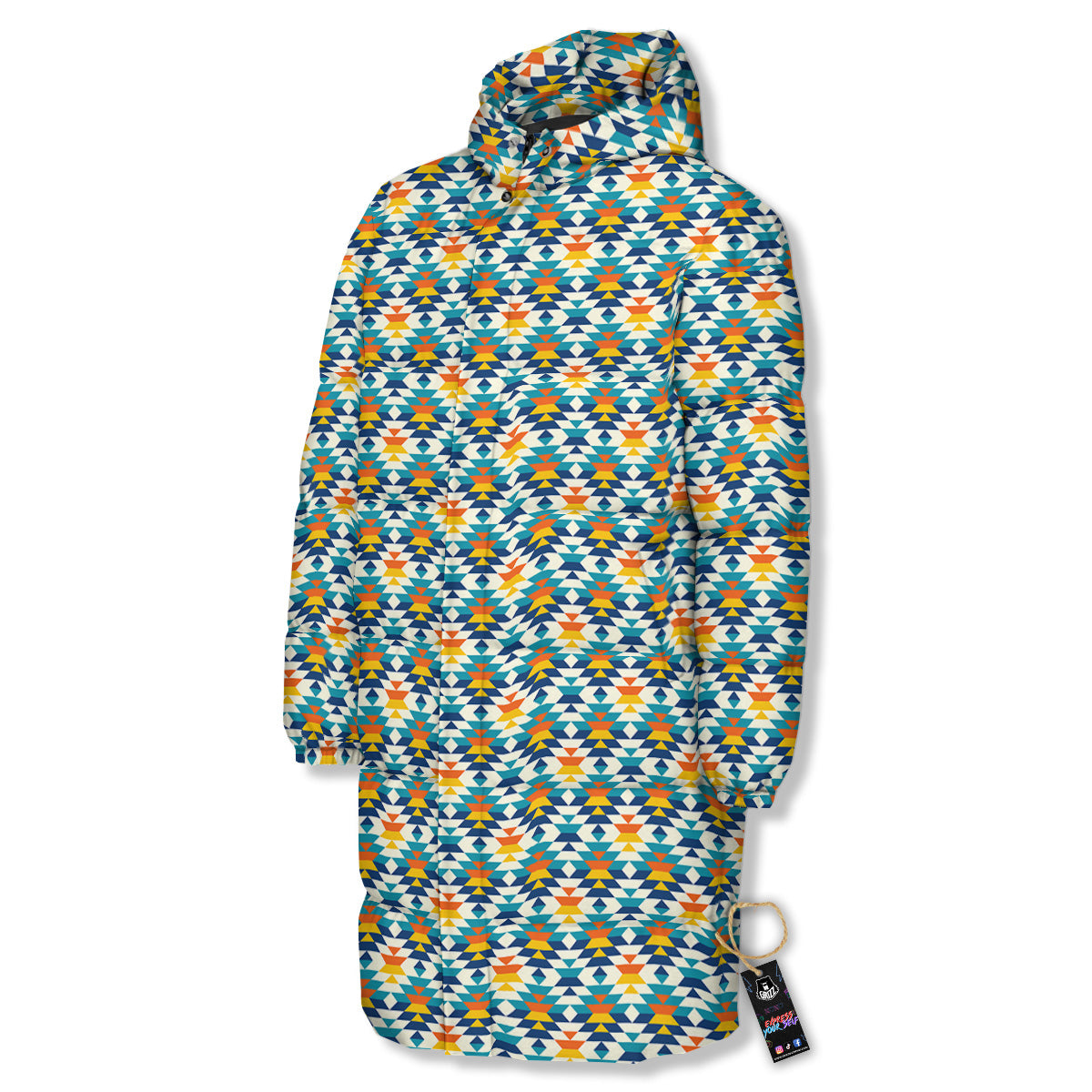 Southwestern Orange And Blue Print Long Down Jacket