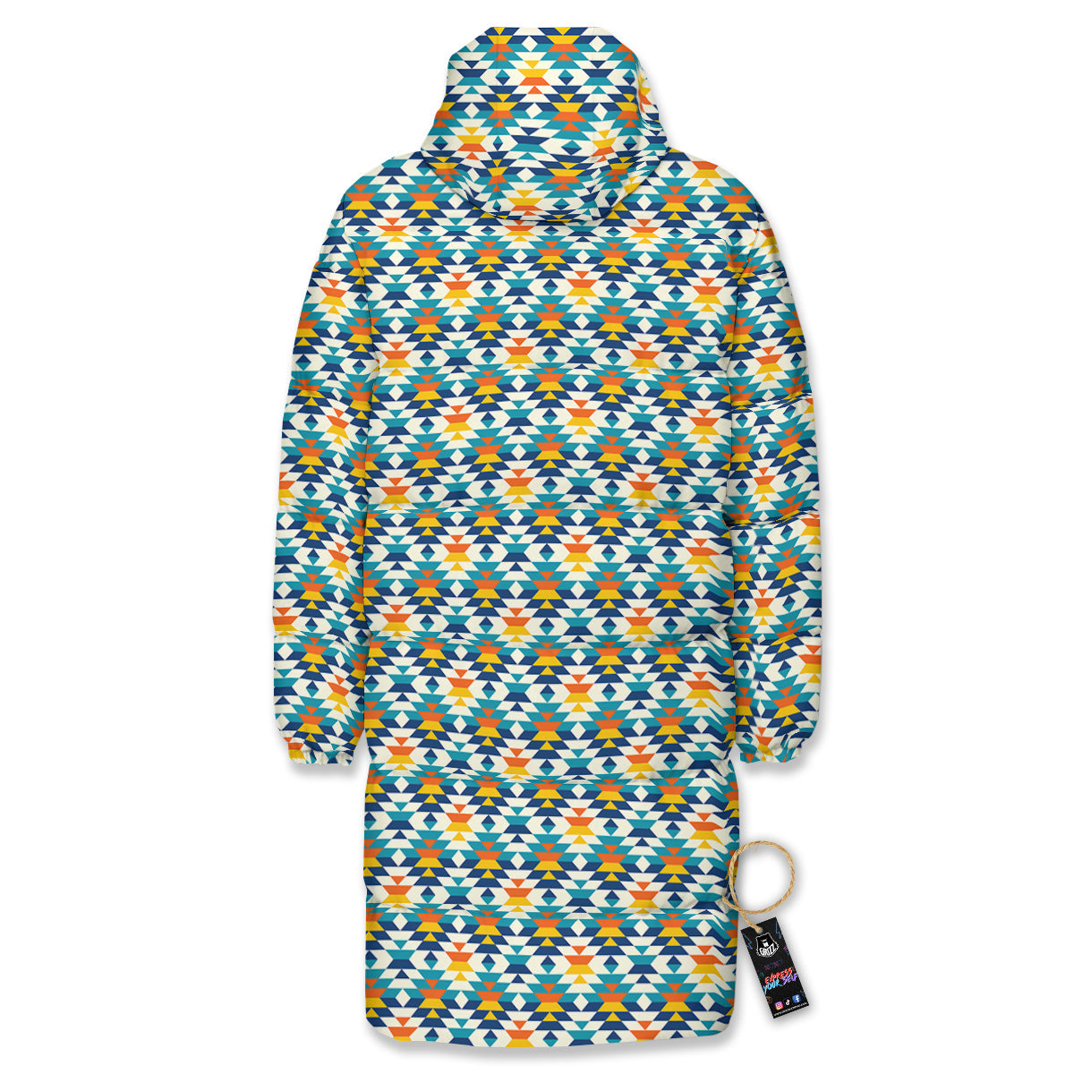 Southwestern Orange And Blue Print Long Down Jacket