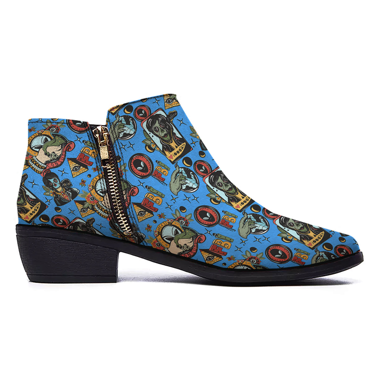Space Alien Retro Tattoo Print Pattern Ankle Boots-grizzshop