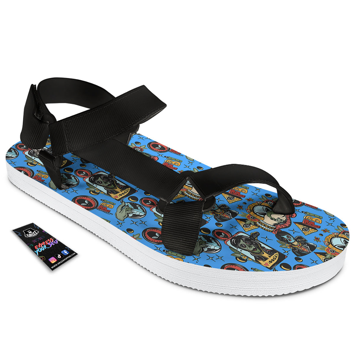 Space Alien Retro Tattoo Print Pattern Black Open Toe Sandals-grizzshop