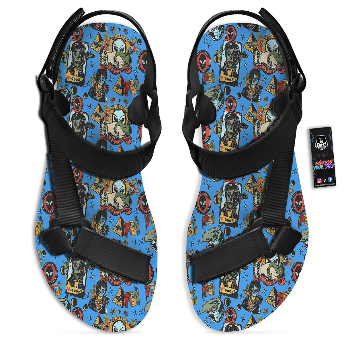 Space Alien Retro Tattoo Print Pattern Black Open Toe Sandals-grizzshop