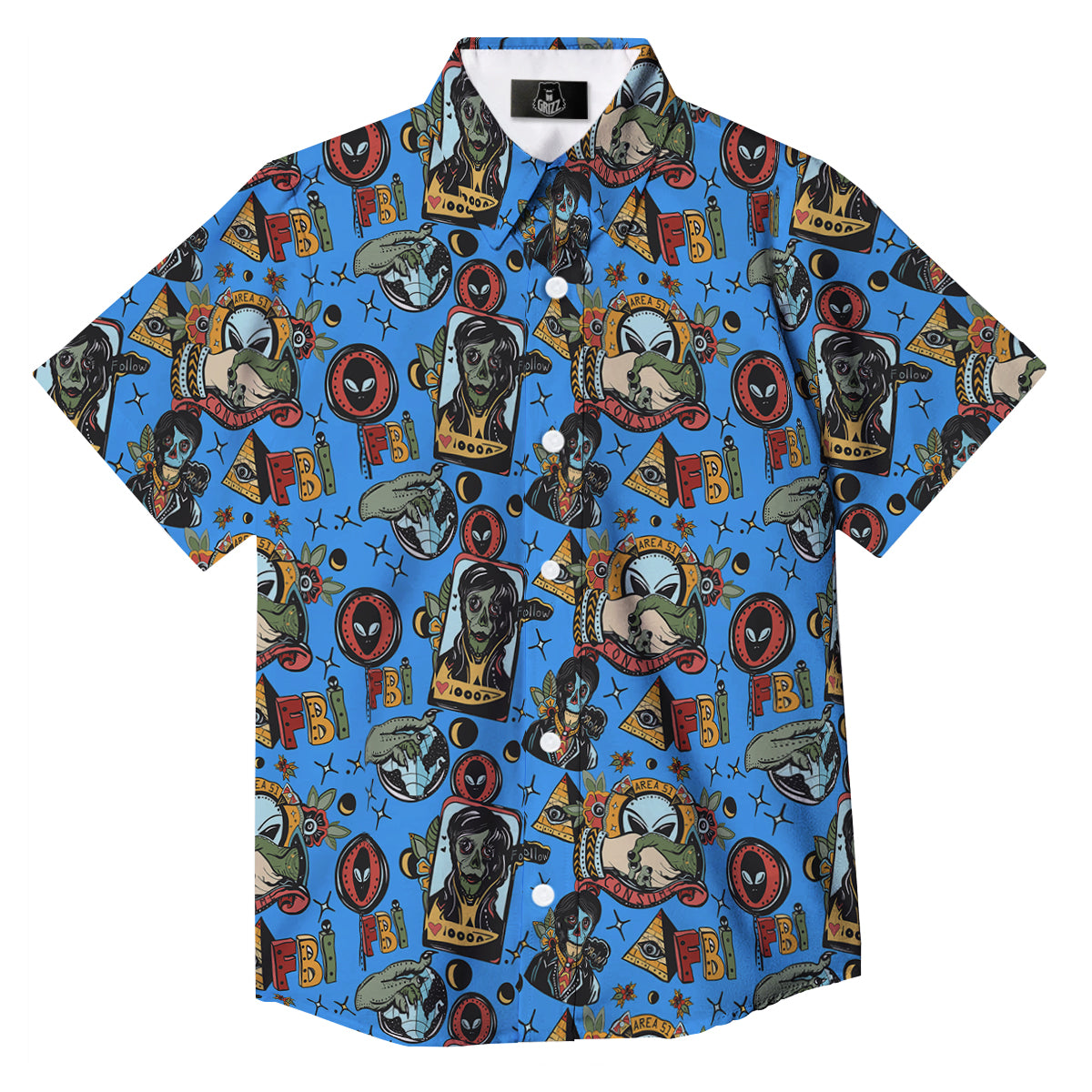 Space Alien Retro Tattoo Print Pattern Button Up Shirt-grizzshop