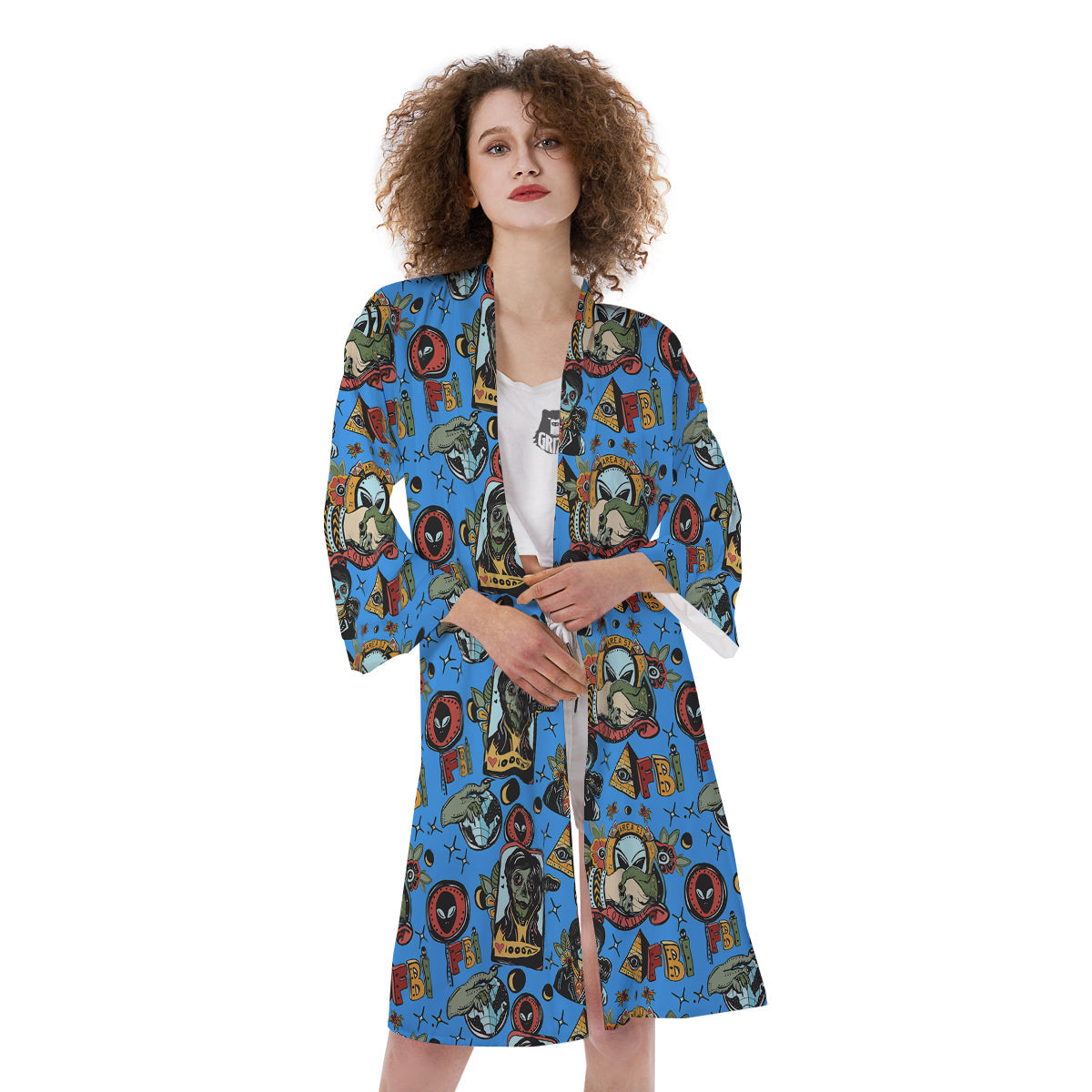 Space Alien Retro Tattoo Print Pattern Kimono-grizzshop