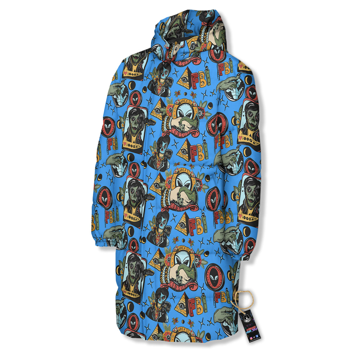 Space Alien Retro Tattoo Print Pattern Long Down Jacket-grizzshop