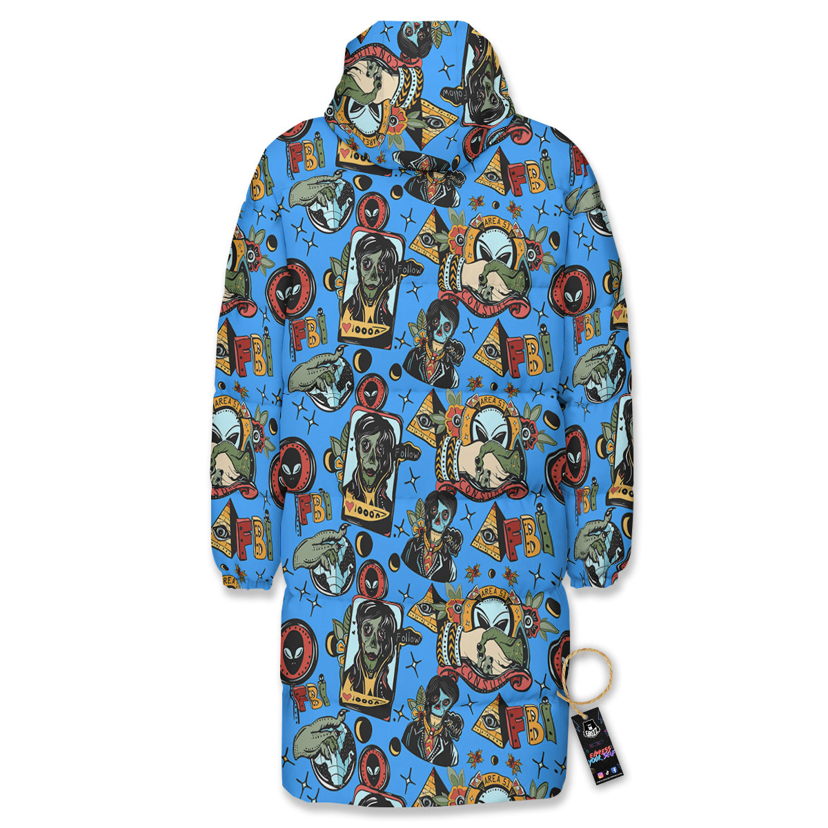 Space Alien Retro Tattoo Print Pattern Long Down Jacket-grizzshop