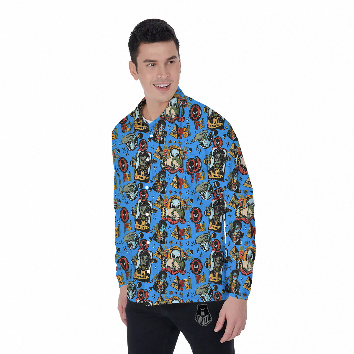 Space Alien Retro Tattoo Print Pattern Men's Long Sleeve Shirts-grizzshop