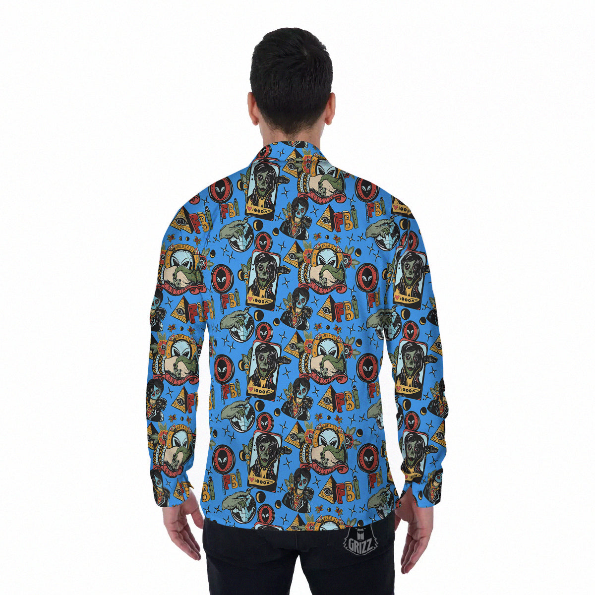 Space Alien Retro Tattoo Print Pattern Men's Long Sleeve Shirts-grizzshop