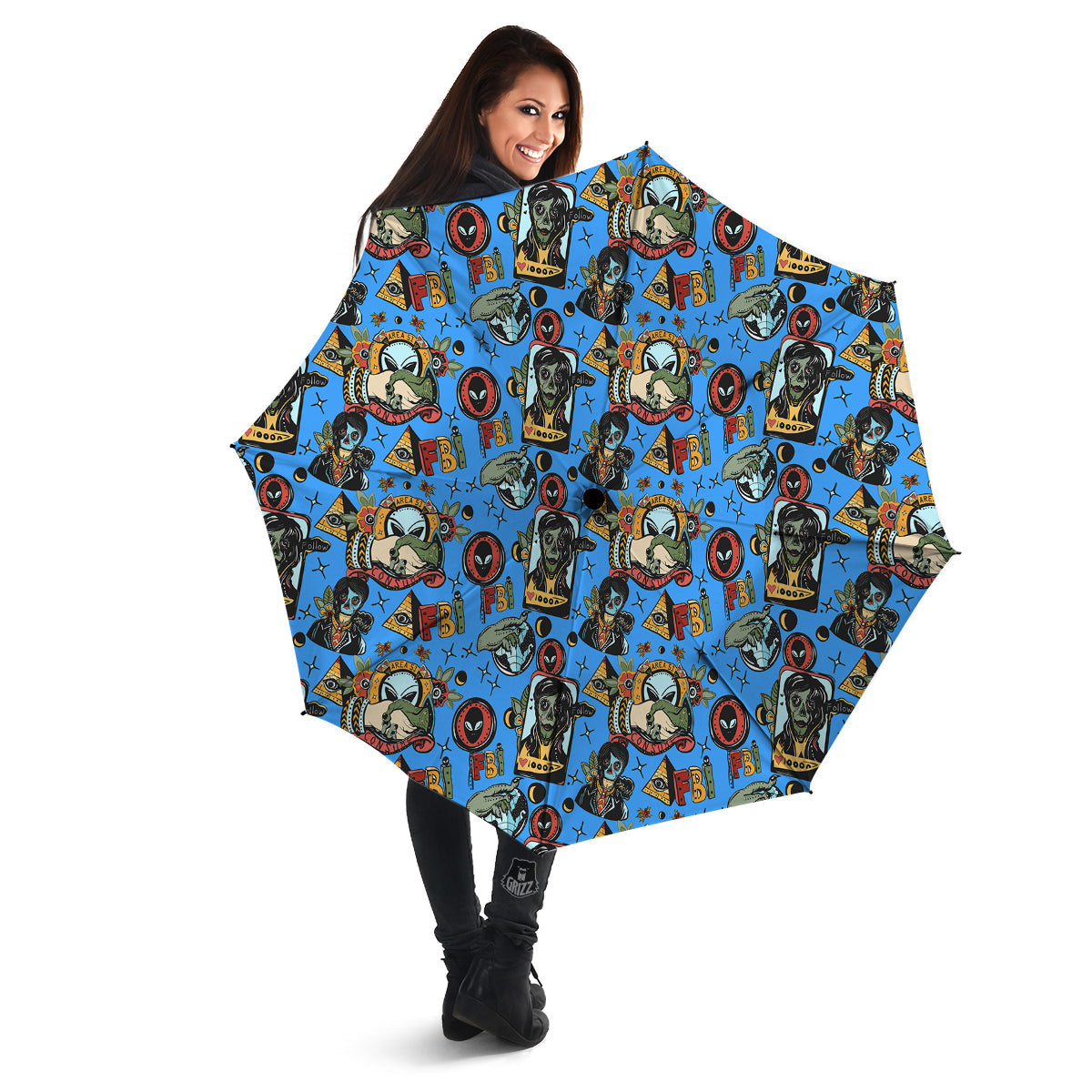 Space Alien Retro Tattoo Print Pattern Umbrella-grizzshop
