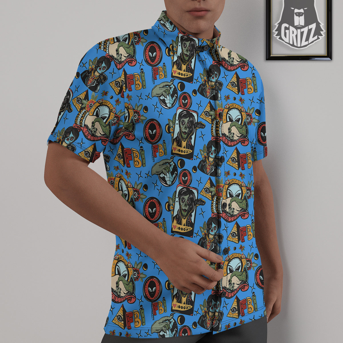 Space Alien Retro Tattoo Print Pattern Untucked Shirts-grizzshop