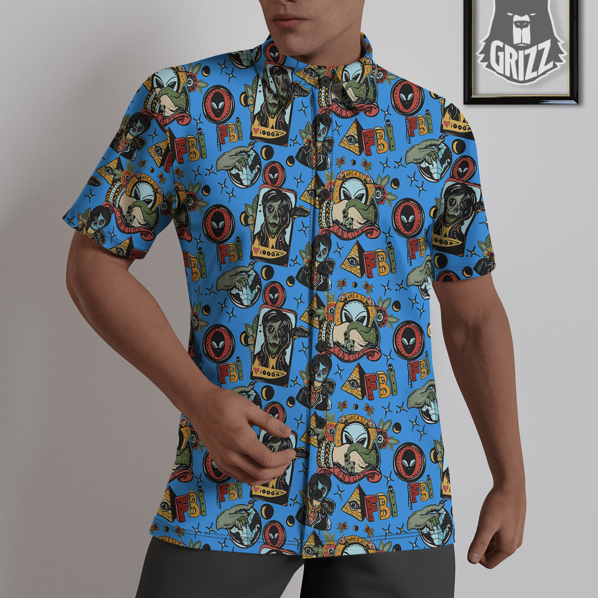 Space Alien Retro Tattoo Print Pattern Untucked Shirts-grizzshop