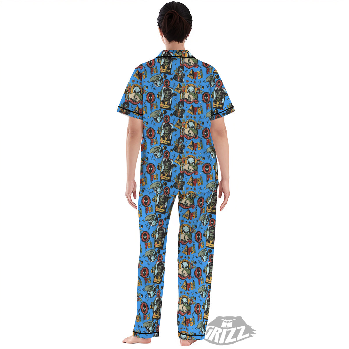 Space Alien Retro Tattoo Print Pattern Women's Pajamas Set-grizzshop