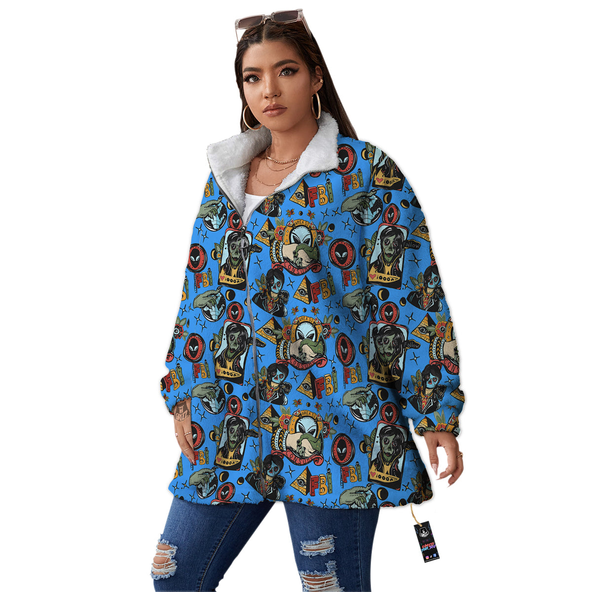 Space Alien Retro Tattoo Print Pattern Women's Sherpa Jacket-grizzshop