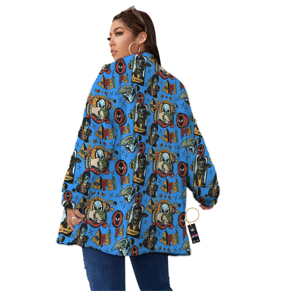 Space Alien Retro Tattoo Print Pattern Women's Sherpa Jacket-grizzshop