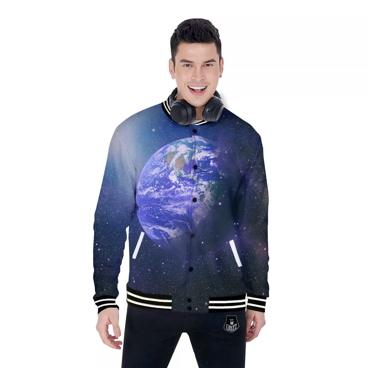 Space And Earth Print Baseball Jacket-grizzshop