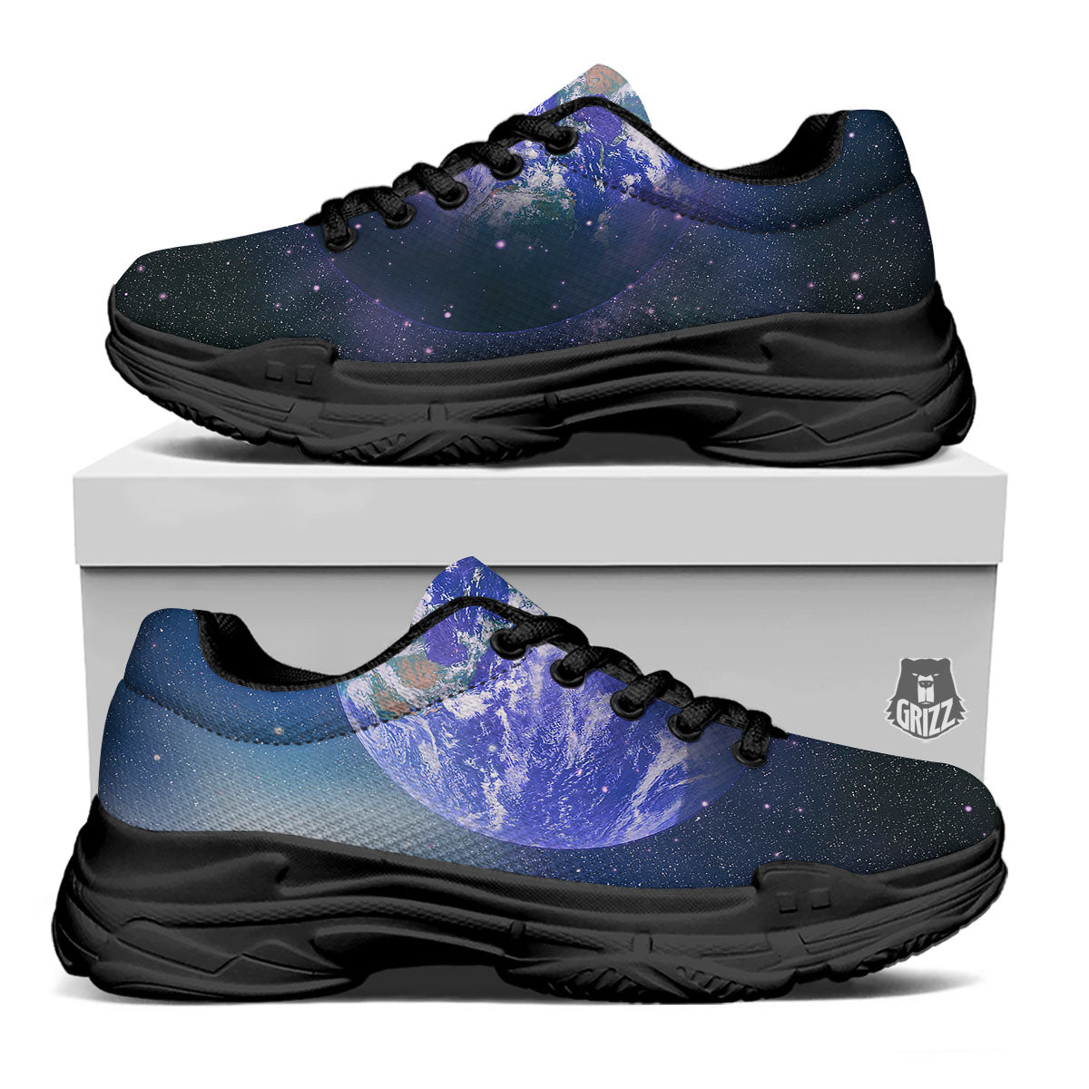 Space And Earth Print Black Chunky Shoes-grizzshop