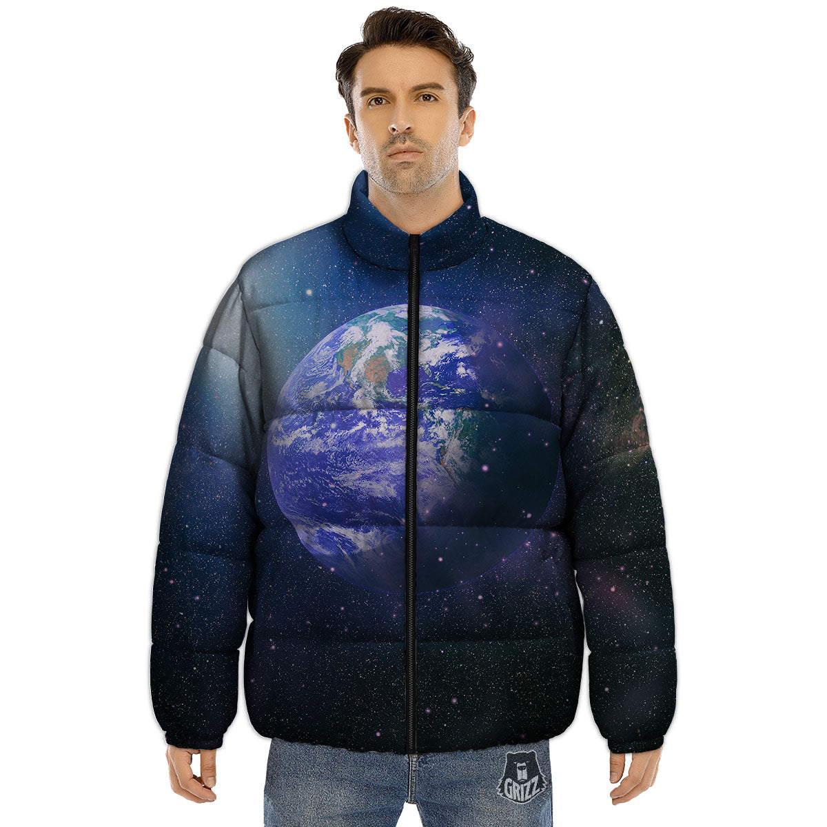 Space And Earth Print Puffer Jacket-grizzshop