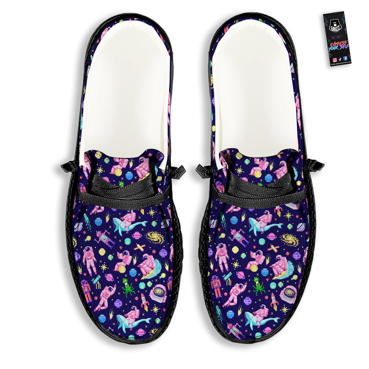 Space Astronaut 8 Bit Print Pattern Black Loafers-grizzshop