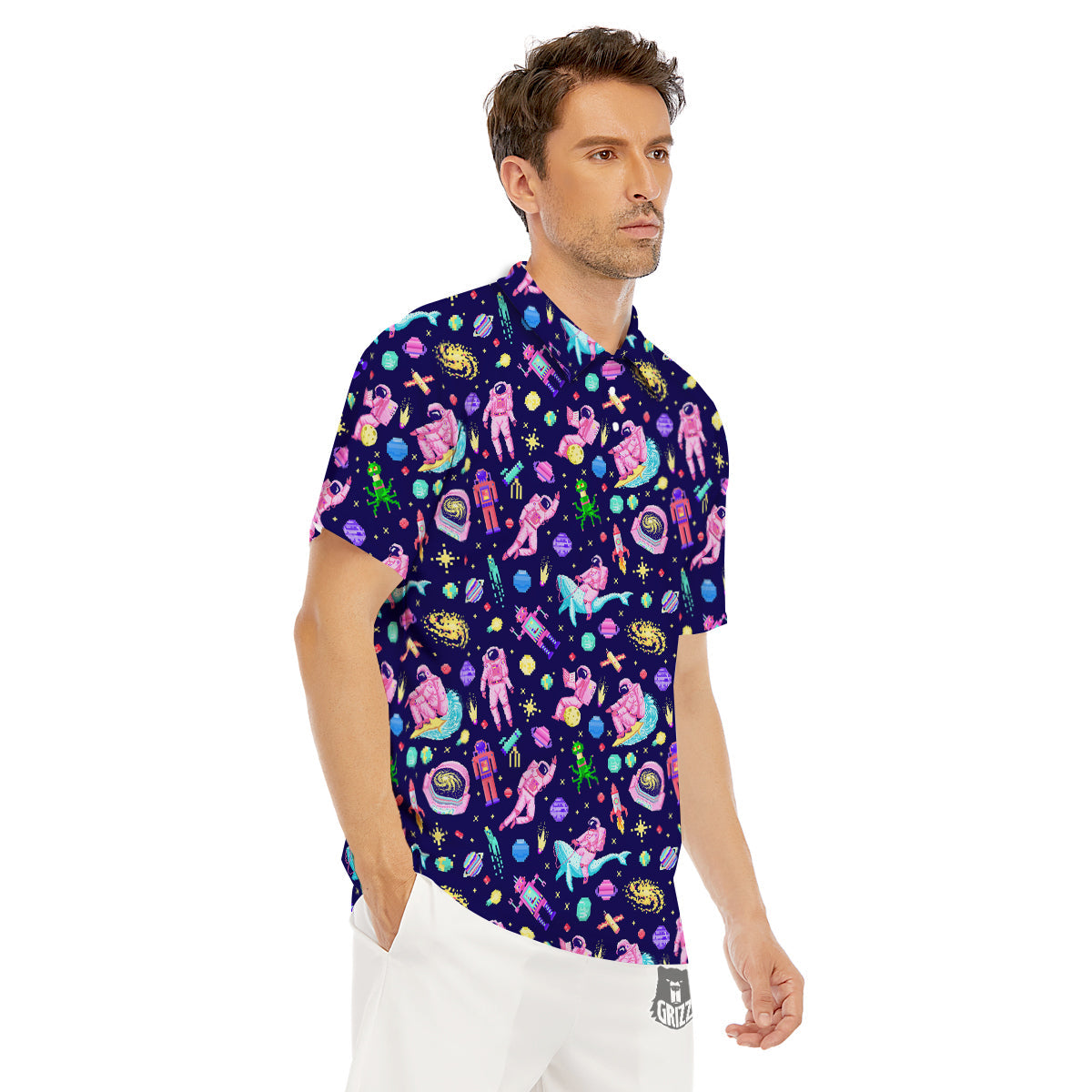 Space Astronaut 8 Bit Print Pattern Men's Golf Shirts-grizzshop