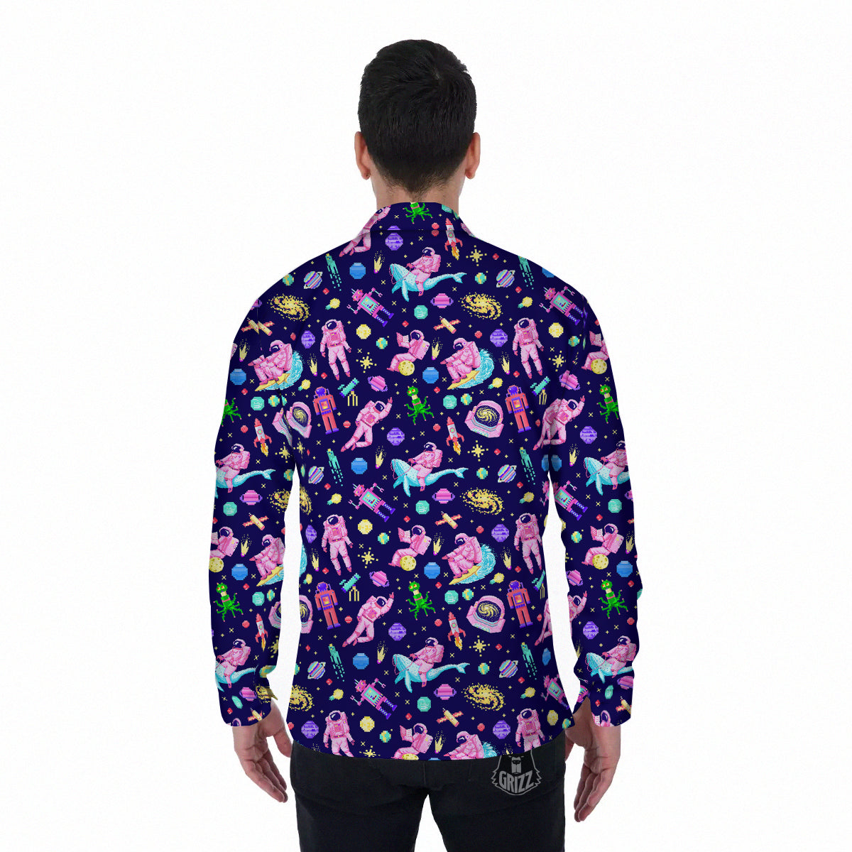 Space Astronaut 8 Bit Print Pattern Men's Long Sleeve Shirts-grizzshop