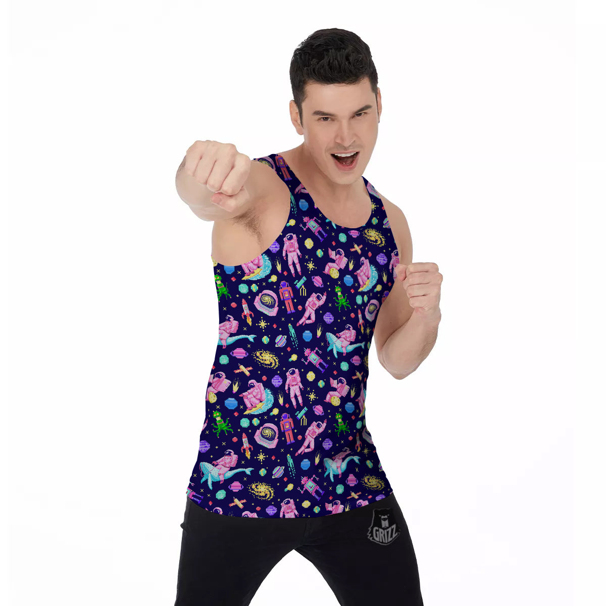 Space Astronaut 8 Bit Print Pattern Men's Tank Top-grizzshop