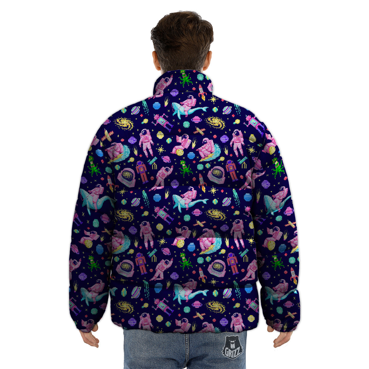 Space Astronaut 8 Bit Print Pattern Puffer Jacket-grizzshop