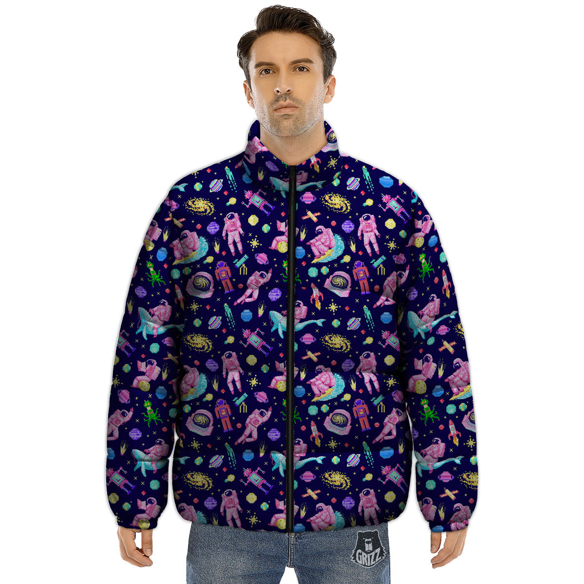 Space Astronaut 8 Bit Print Pattern Puffer Jacket-grizzshop