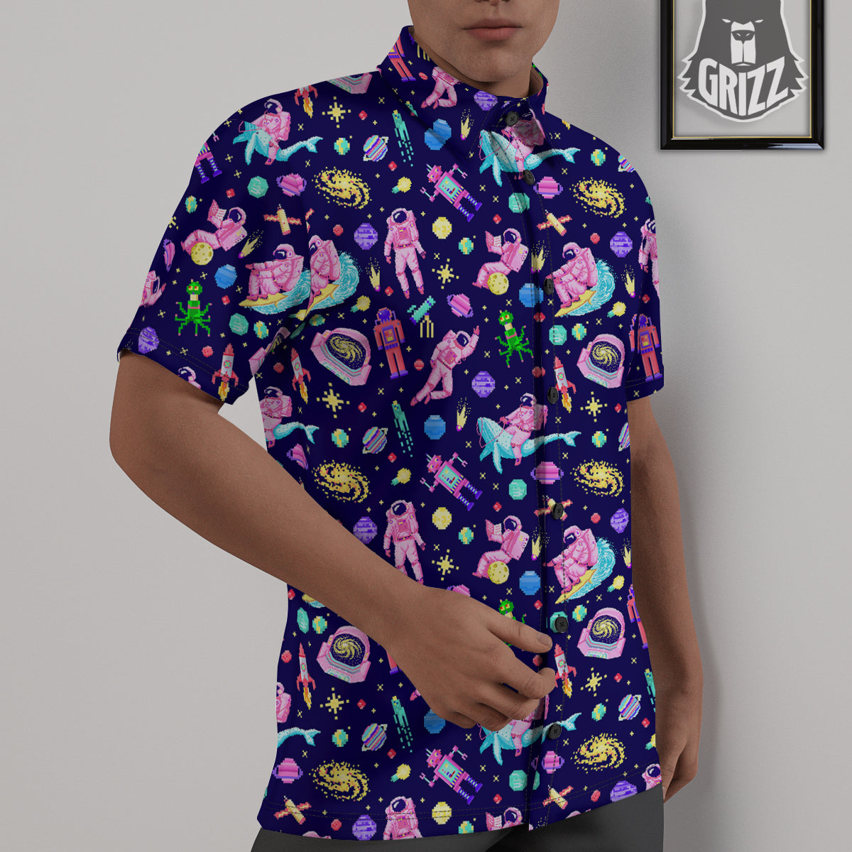 Space Astronaut 8 Bit Print Pattern Untucked Shirts-grizzshop