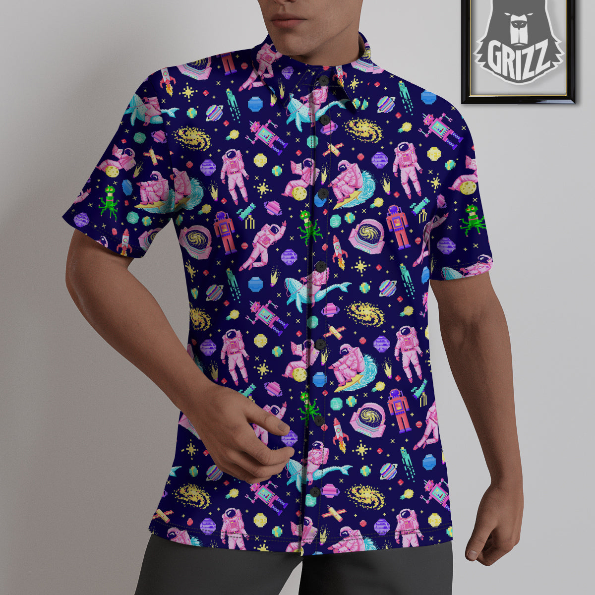 Space Astronaut 8 Bit Print Pattern Untucked Shirts-grizzshop