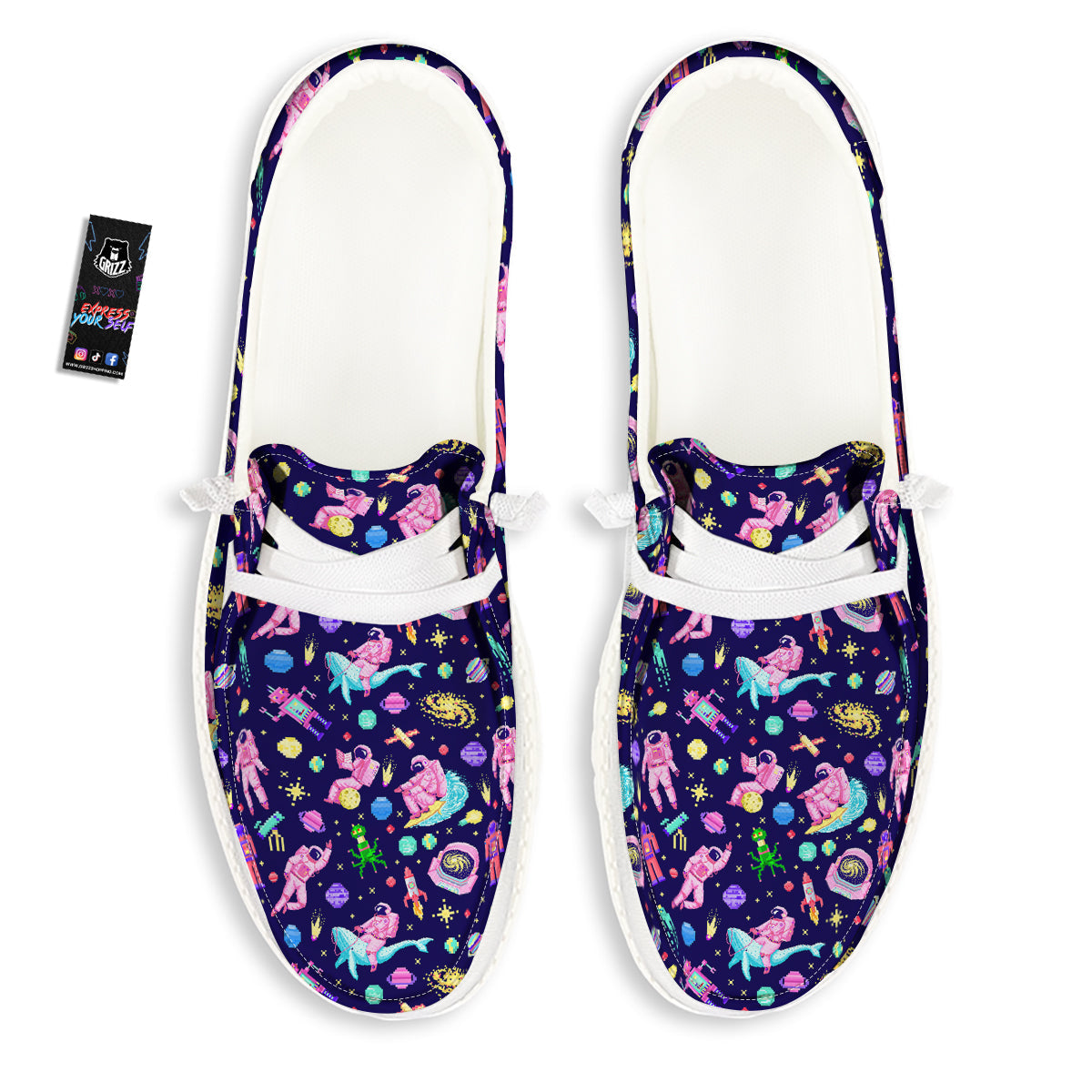 Space Astronaut 8 Bit Print Pattern White Loafers-grizzshop