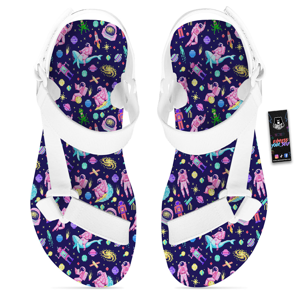 Space Astronaut 8 Bit Print Pattern White Open Toe Sandals-grizzshop