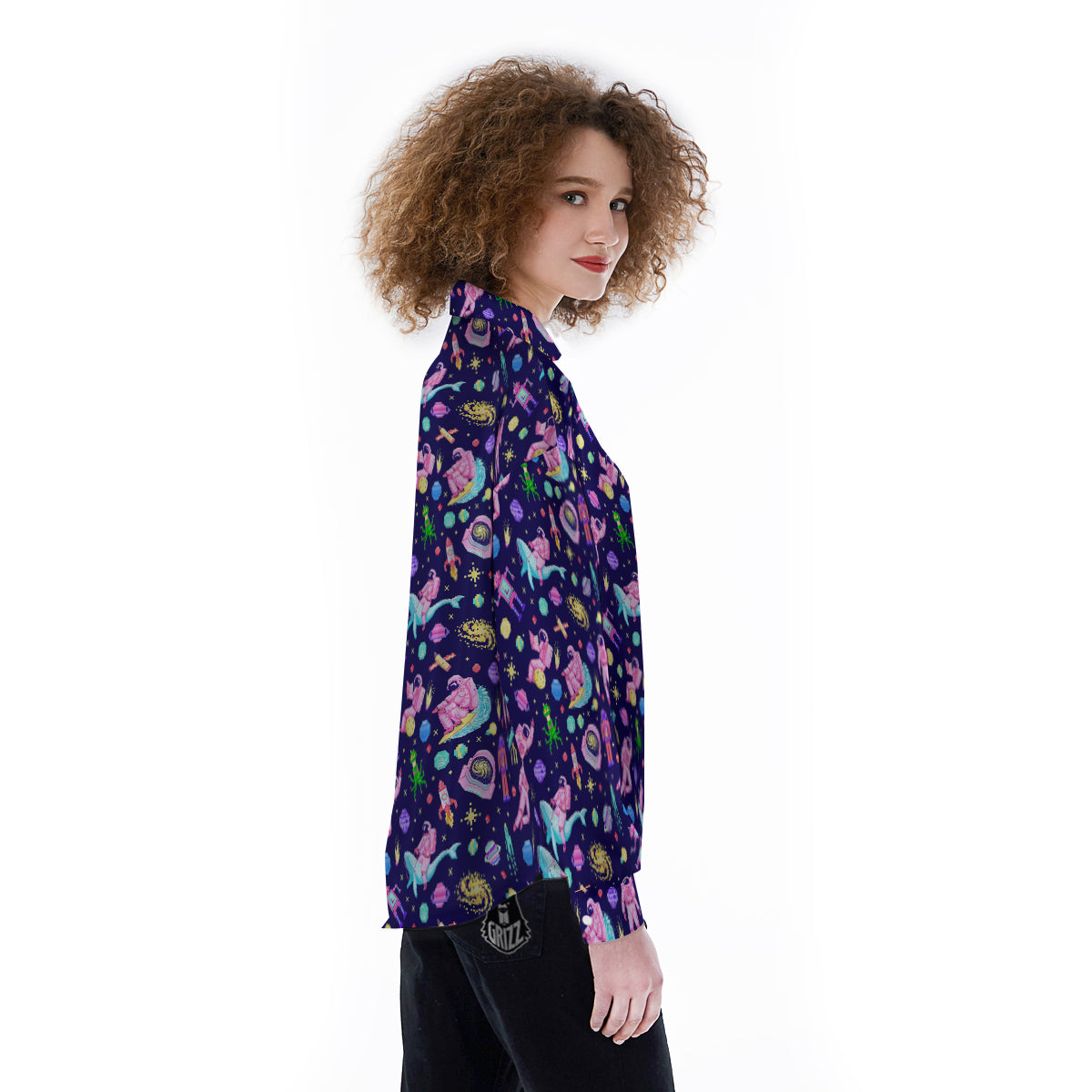 Space Astronaut 8 Bit Print Pattern Women's Long Sleeve Shirts-grizzshop