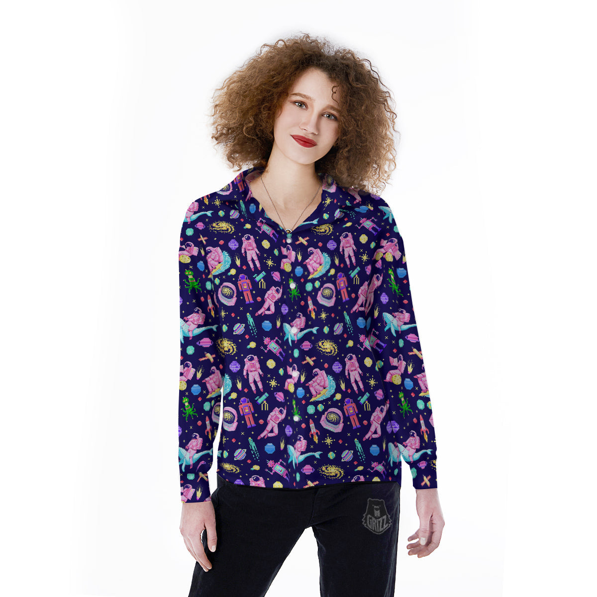 Space Astronaut 8 Bit Print Pattern Women's Long Sleeve Shirts-grizzshop