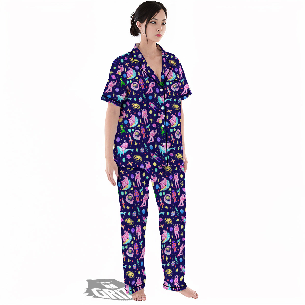 Space Astronaut 8 Bit Print Pattern Women's Pajamas Set-grizzshop
