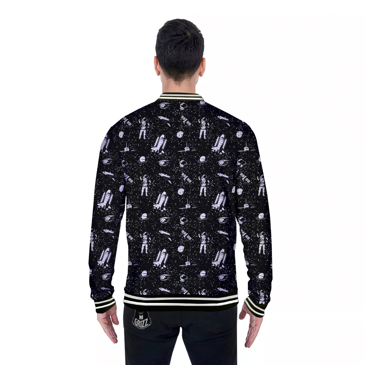 Space Astronaut Black Print Pattern Baseball Jacket-grizzshop