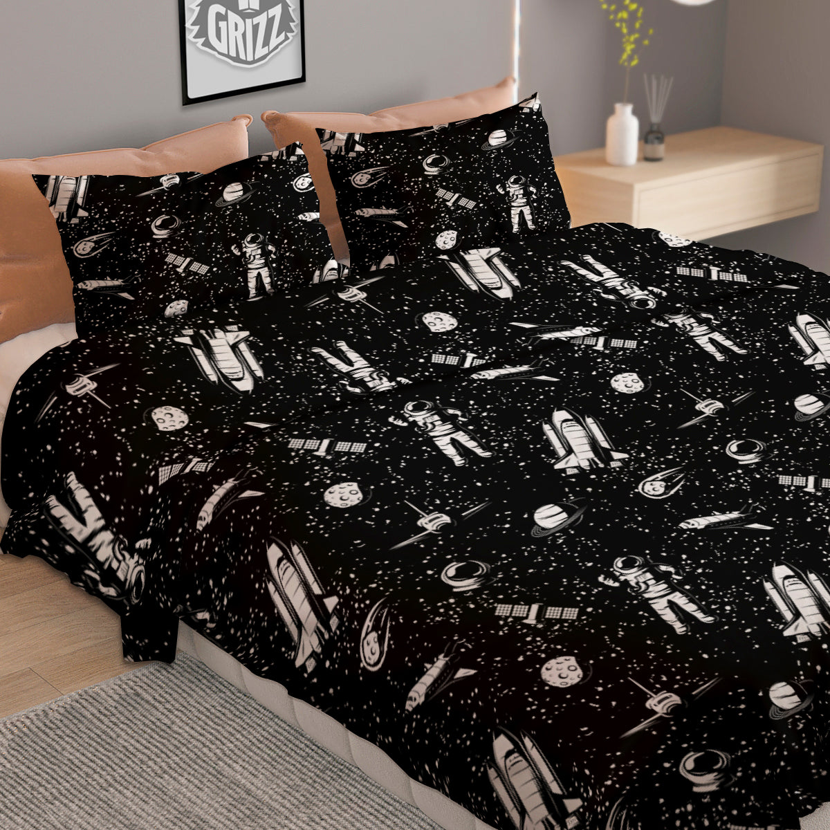 Space Astronaut Black Print Pattern Duvet Cover Bedding Set