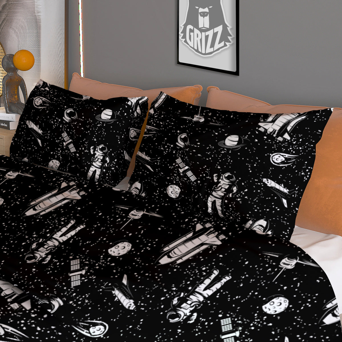 Space Astronaut Black Print Pattern Duvet Cover Bedding Set