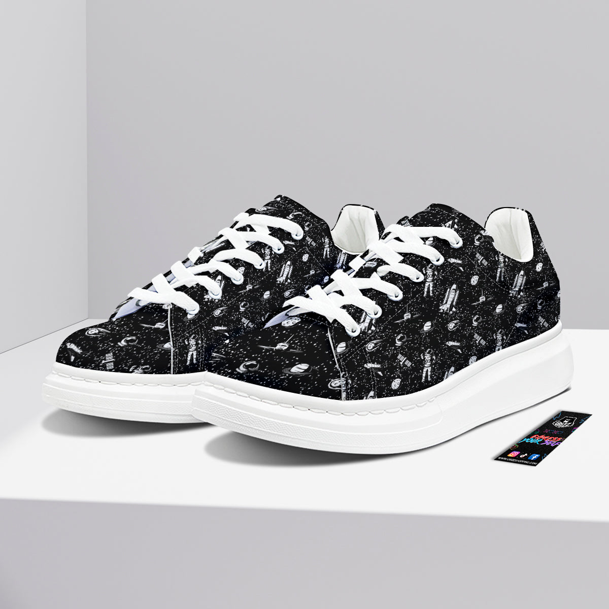 Space Astronaut Black Print Pattern Platform Shoes-grizzshop