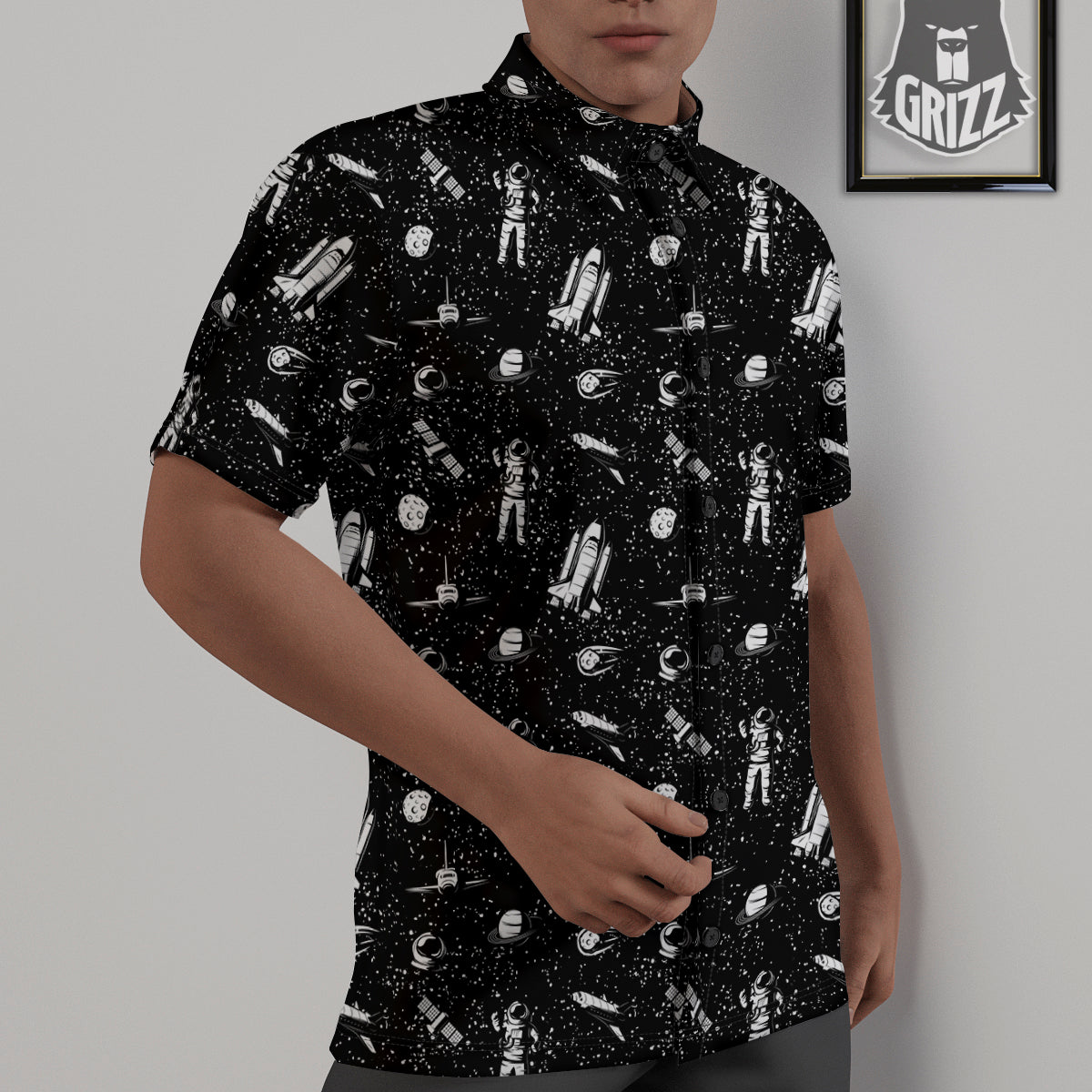 Space Astronaut Black Print Pattern Untucked Shirts-grizzshop
