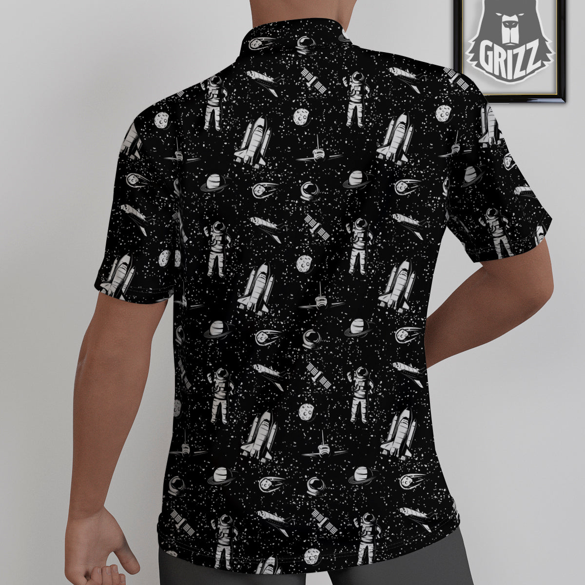 Space Astronaut Black Print Pattern Untucked Shirts-grizzshop