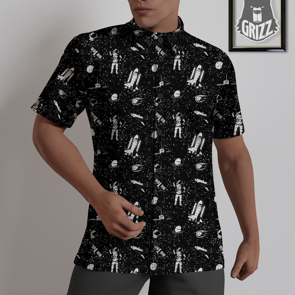 Space Astronaut Black Print Pattern Untucked Shirts-grizzshop